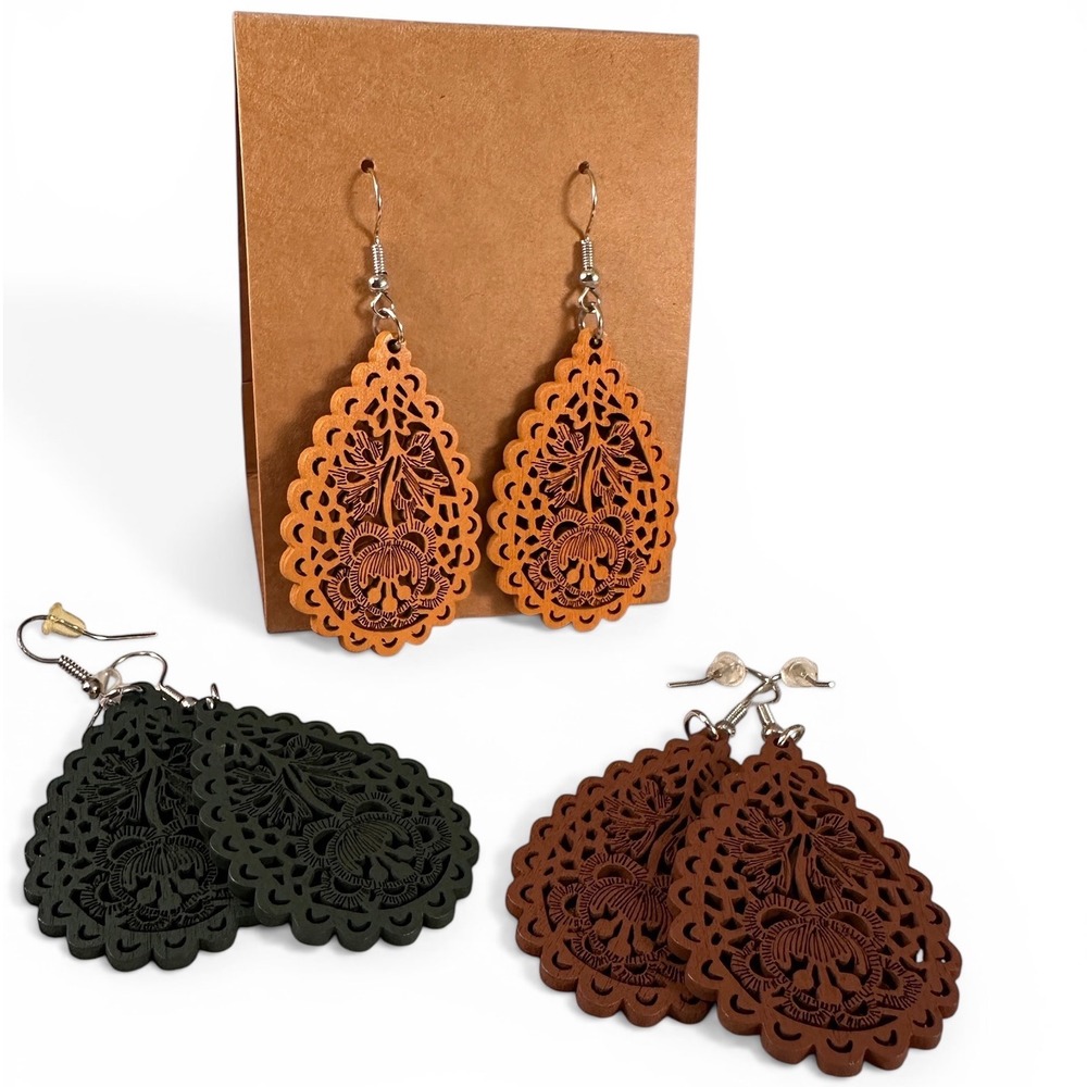 Unbranded Wooden Teardrop Earrings Womens OS Multi Color NEW 3 Pair Floral Boho